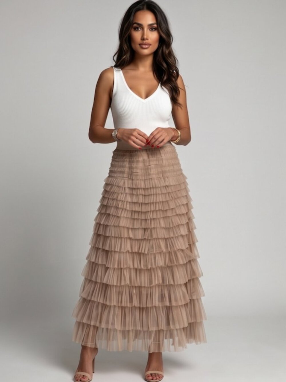 Beige Tulle Tiered Ruffle Maxi Skirt High Waist Elastic Band Boho Chic